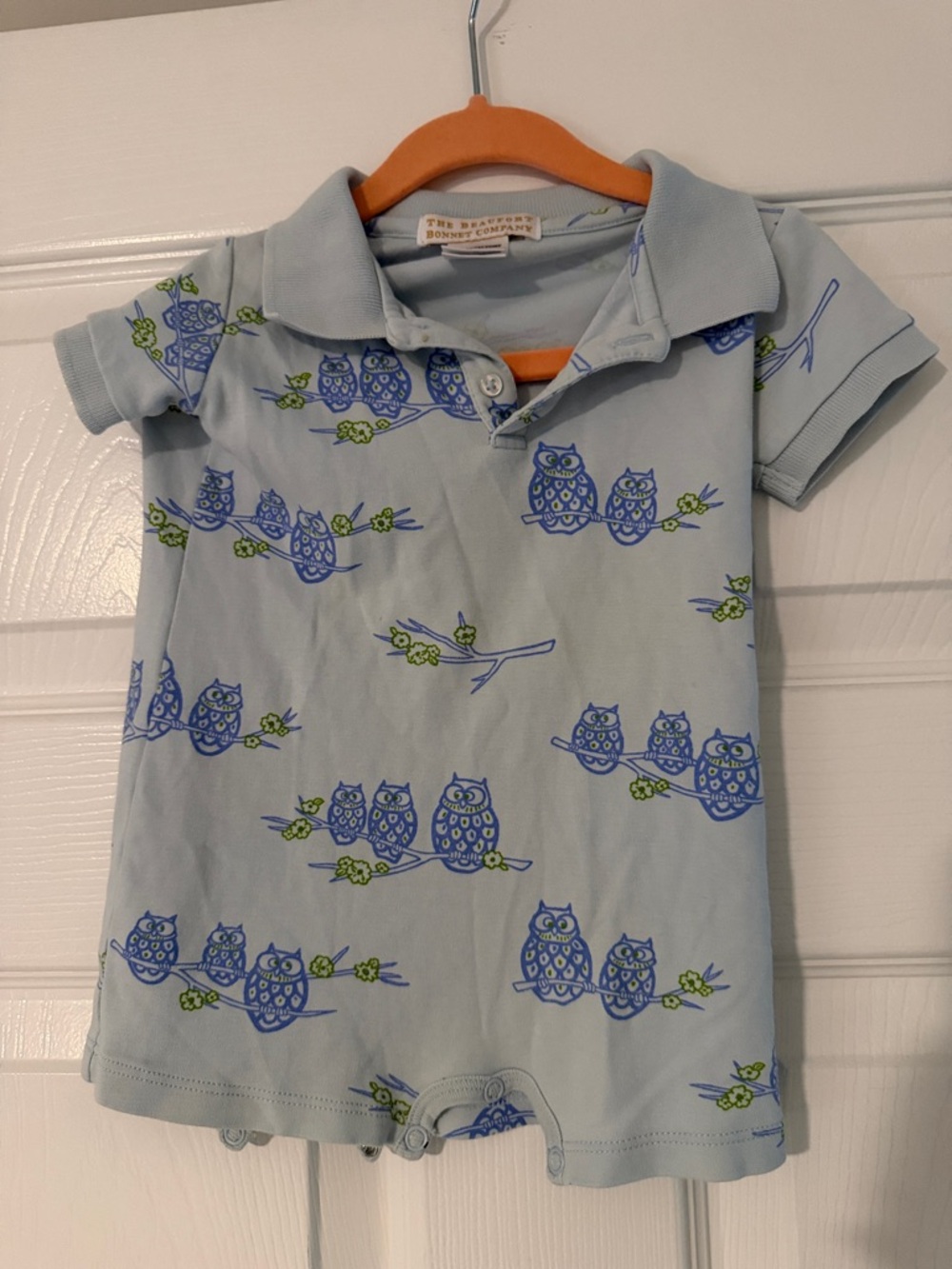 The Beaufort Bonnet Company Light Blue Owl Polo Romper with Green Branch Print